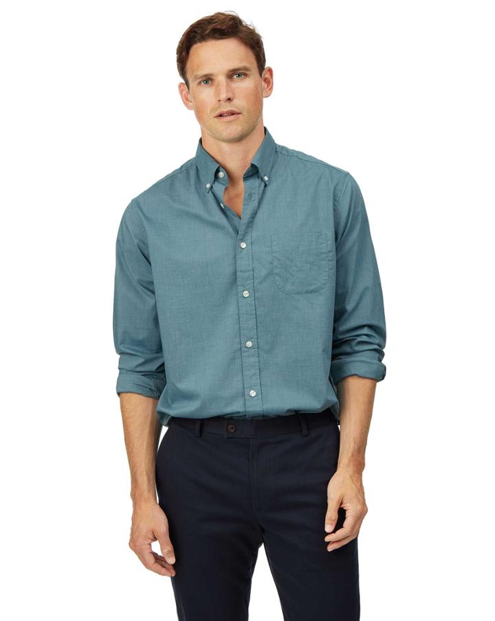  Classic Fit Green Soft Washed Stretch Plain Cotton Casual Shirt Single Cuff Size Small By Charles Tyrwhitt