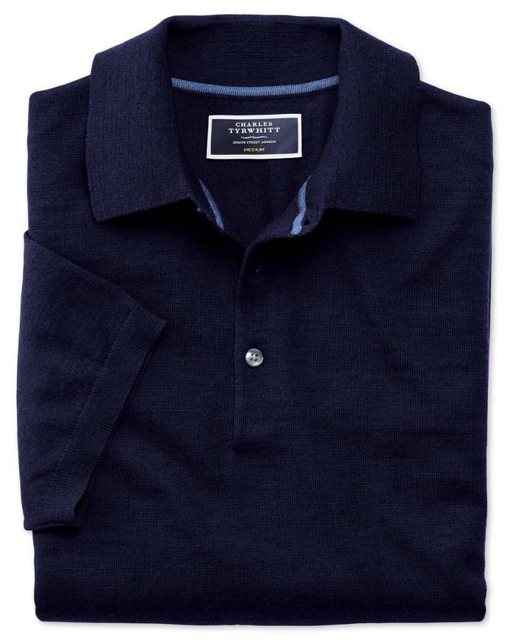  Navy Merino Wool Polo Collar Short Sleeve Sweater Size Large By Charles Tyrwhitt