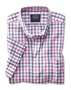  Slim Fit Non-iron Pink Large Check Short Sleeve Cotton Casual Shirt Single Cuff Size Small By Charles Tyrwhitt