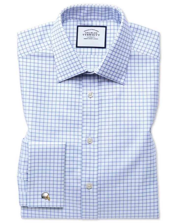  Extra Slim Fit Egyptian Cotton Royal Oxford Sky Blue Check Dress Shirt French Cuff Size 14.5/32 By Charles Tyrwhitt