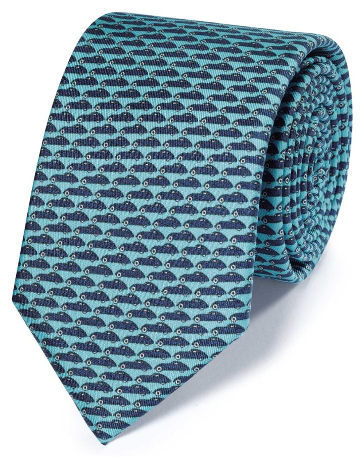  Aqua Blue And Navy Car Print Classic Silk Tie By Charles Tyrwhitt