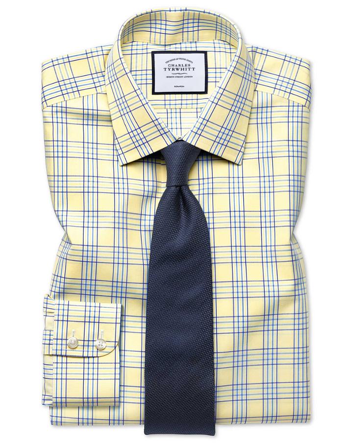  Classic Fit Non-iron Prince Of Wales Yellow Cotton Dress Shirt Single Cuff Size 16/33 By Charles Tyrwhitt