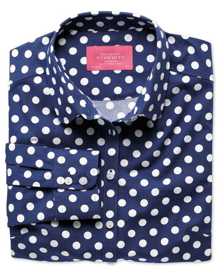 Charles Tyrwhitt Charles Tyrwhitt Women's Semi-fitted Spot Print Navy And White Poplin Cotton Shirt Size 6