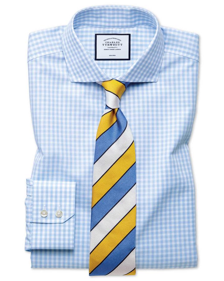  Classic Fit Non-iron Sky Blue Check Tyrwhitt Cool Cotton Dress Shirt Single Cuff Size 15.5/33 By Charles Tyrwhitt