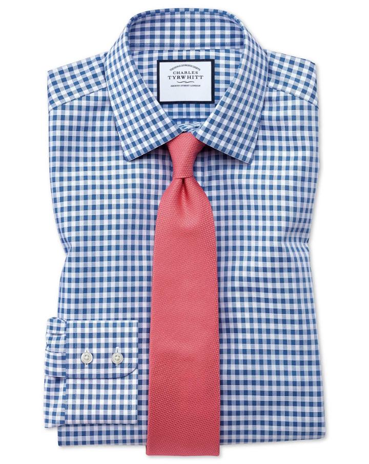 Charles Tyrwhitt Classic Fit Non-iron Gingham Mid Blue Cotton Dress Shirt Single Cuff Size 15.5/34 By Charles Tyrwhitt