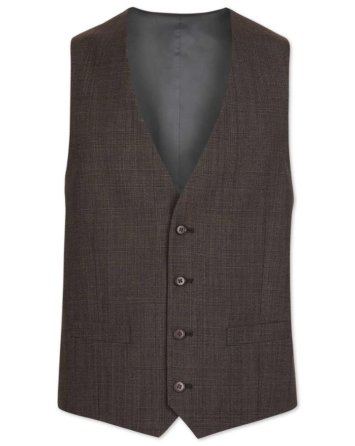  Brown Prince Of Wales Check Adjustable Fit Suit Wool Vest Size W36 By Charles Tyrwhitt
