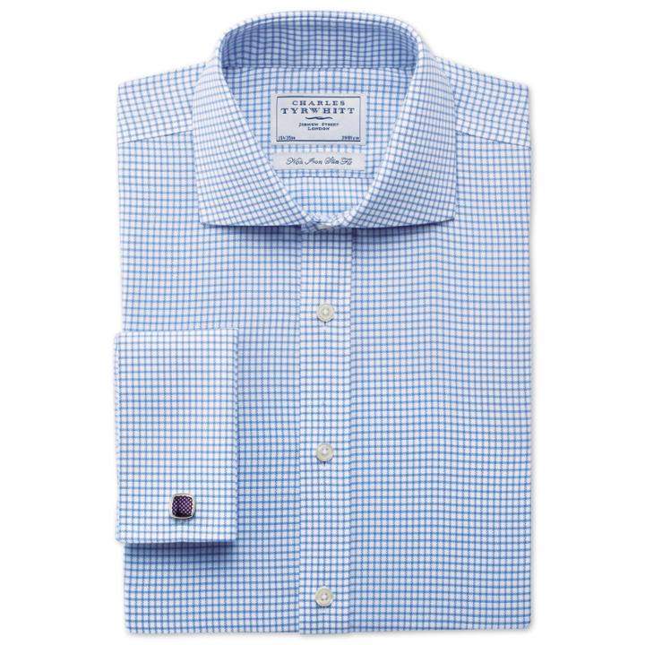 Charles Tyrwhitt Charles Tyrwhitt Sky Basket Weave Check Non-iron Spread Slim Fit Shirt (14.5 - 32)