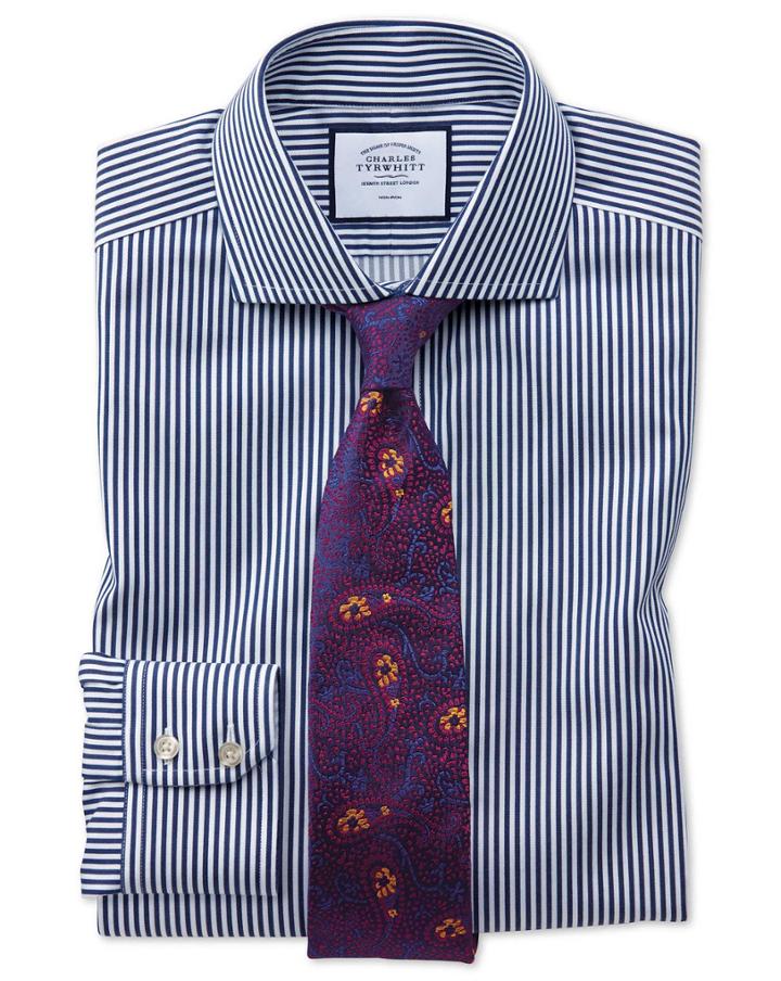  Slim Fit Non-iron Spread Collar Navy Twill Stripe Cotton Dress Shirt Single Cuff Size 14.5/33 By Charles Tyrwhitt
