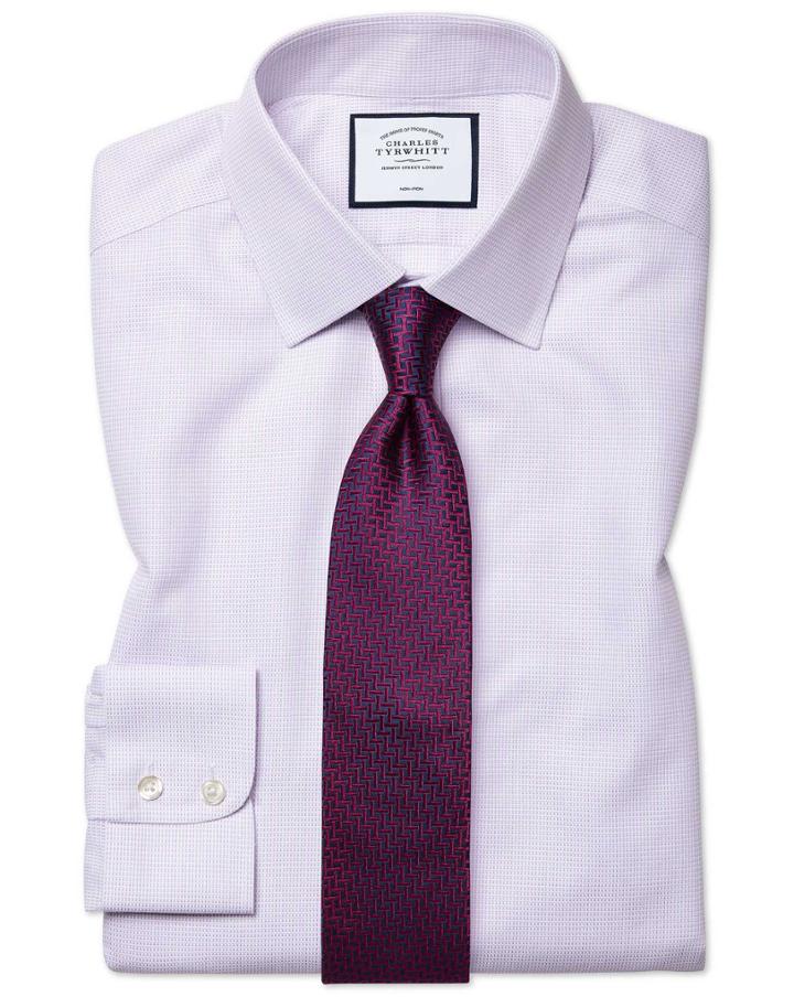  Slim Fit Non-iron Dash Weave Lilac Cotton Dress Shirt Single Cuff Size 14.5/32 By Charles Tyrwhitt