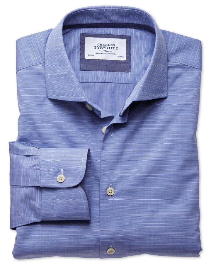 Charles Tyrwhitt Extra Slim Fit Semi-spread Collar Business Casual Slub Cotton Blue Egyptian Cotton Dress Casual Shirt Single Cuff Size 17.5/36 By Charles Tyrwhitt