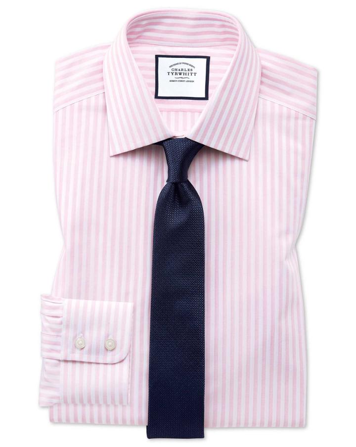  Extra Slim Fit Pink And White Dobby Textured Stripe Cotton Dress Shirt Single Cuff Size 14.5/32 By Charles Tyrwhitt