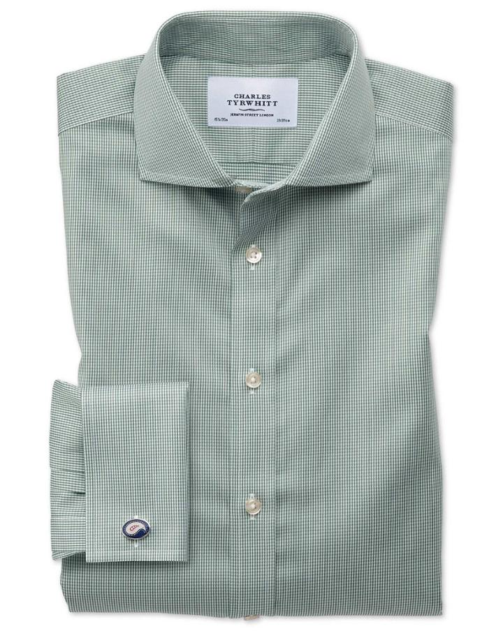 Charles Tyrwhitt Slim Fit Spread Collar Non-iron Puppytooth Olive Cotton Dress Casual Shirt Single Cuff Size 14.5/33 By Charles Tyrwhitt