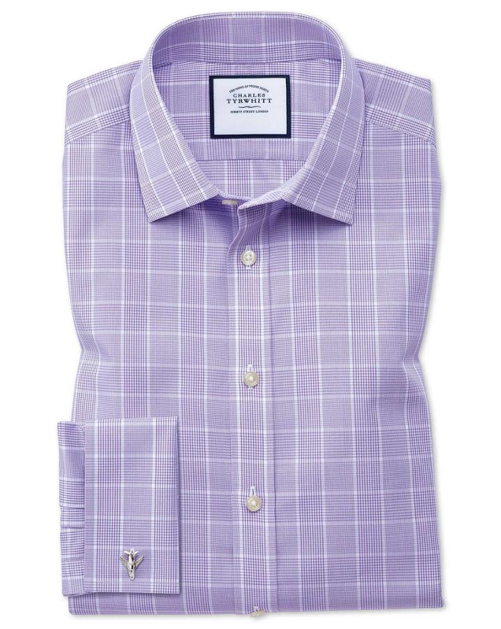 Charles Tyrwhitt Classic Fit Non-iron Prince Of Wales Lilac Cotton Dress Shirt French Cuff Size 15/33 By Charles Tyrwhitt