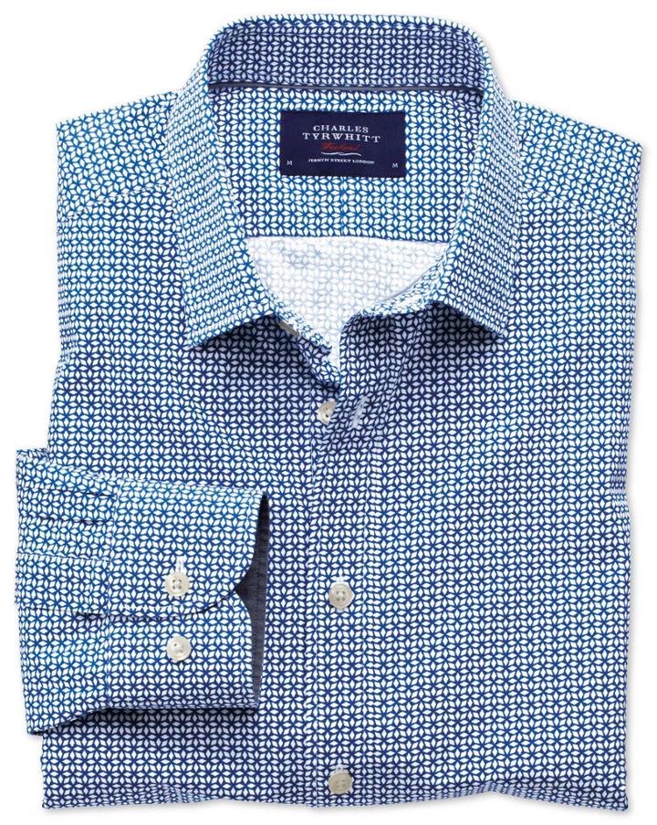 Charles Tyrwhitt Charles Tyrwhitt Extra Slim Fit Royal And White Geometric Print Cotton Dress Shirt Size Large