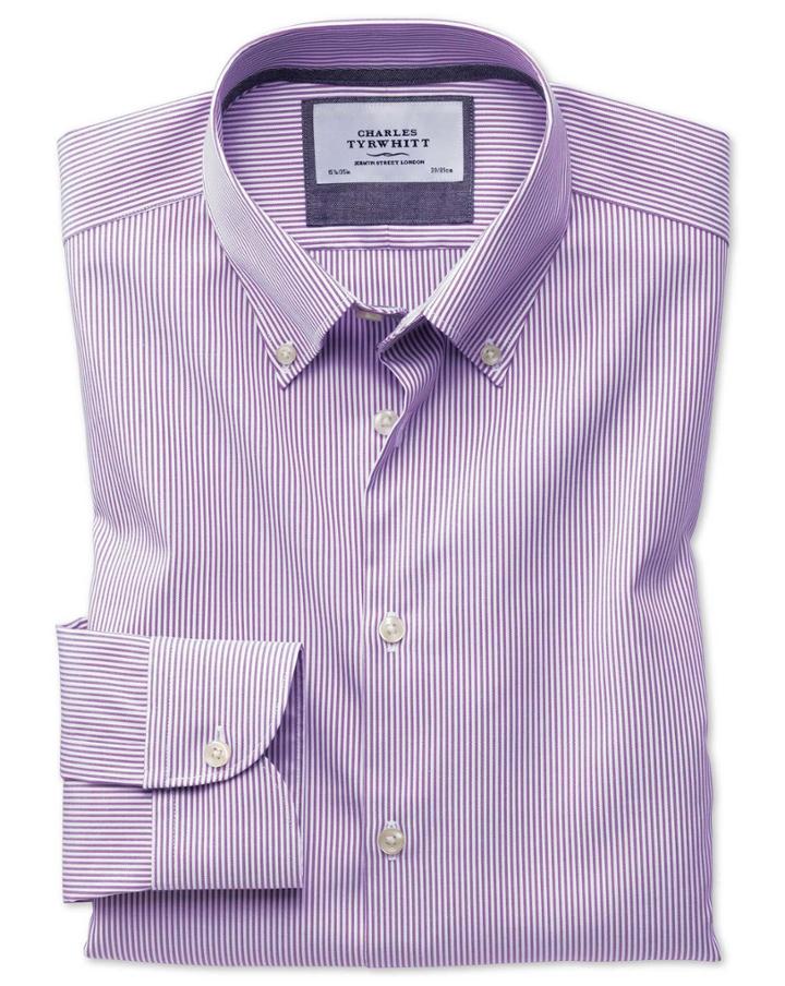 Charles Tyrwhitt Classic Fit Button-down Business Casual Non-iron Violet Stripe Cotton Dress Casual Shirt Single Cuff Size 15.5/33 By Charles Tyrwhitt