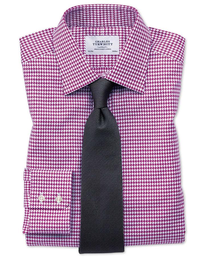  Classic Fit Large Puppytooth Berry Cotton Dress Shirt Single Cuff Size 15.5/34 By Charles Tyrwhitt