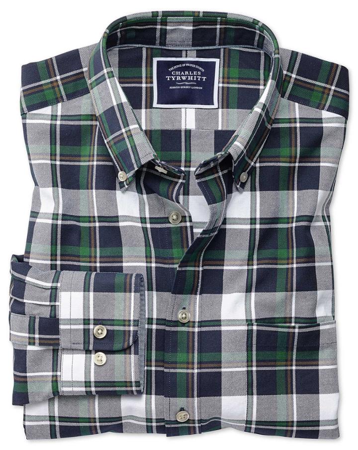  Classic Fit Navy And Green Large Check Washed Oxford Cotton Casual Shirt Single Cuff By Charles Tyrwhitt