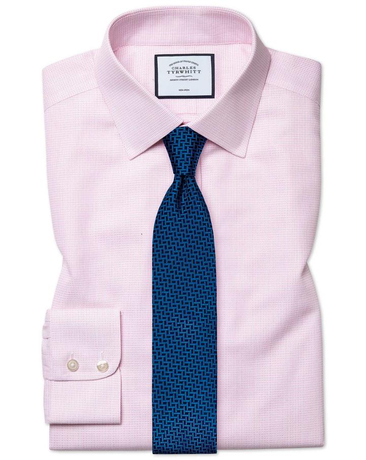  Slim Fit Non-iron Dash Weave Pink Cotton Dress Shirt Single Cuff Size 14.5/32 By Charles Tyrwhitt