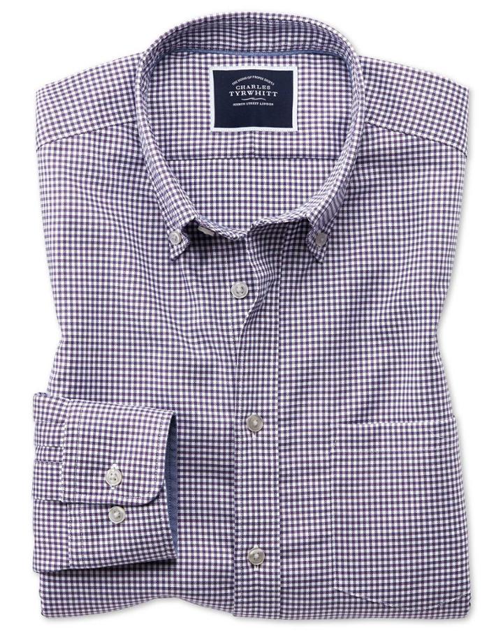  Slim Fit Purple Gingham Soft Washed Non-iron Stretch Cotton Casual Shirt Single Cuff Size Large By Charles Tyrwhitt