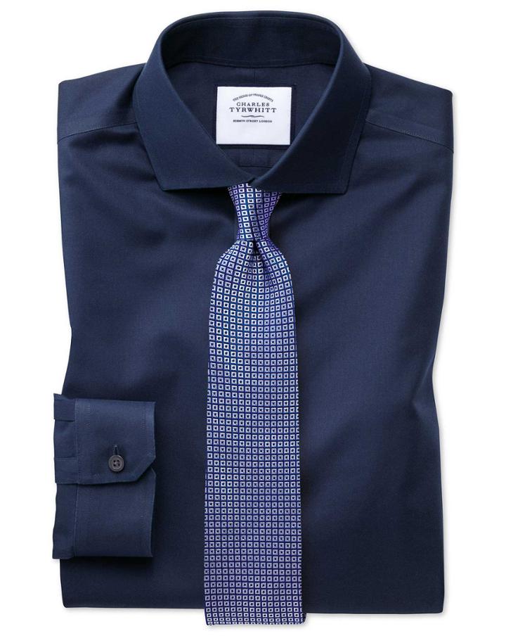  Super Slim Fit Navy Non-iron Twill Cotton Dress Shirt French Cuff Size 14/33 By Charles Tyrwhitt