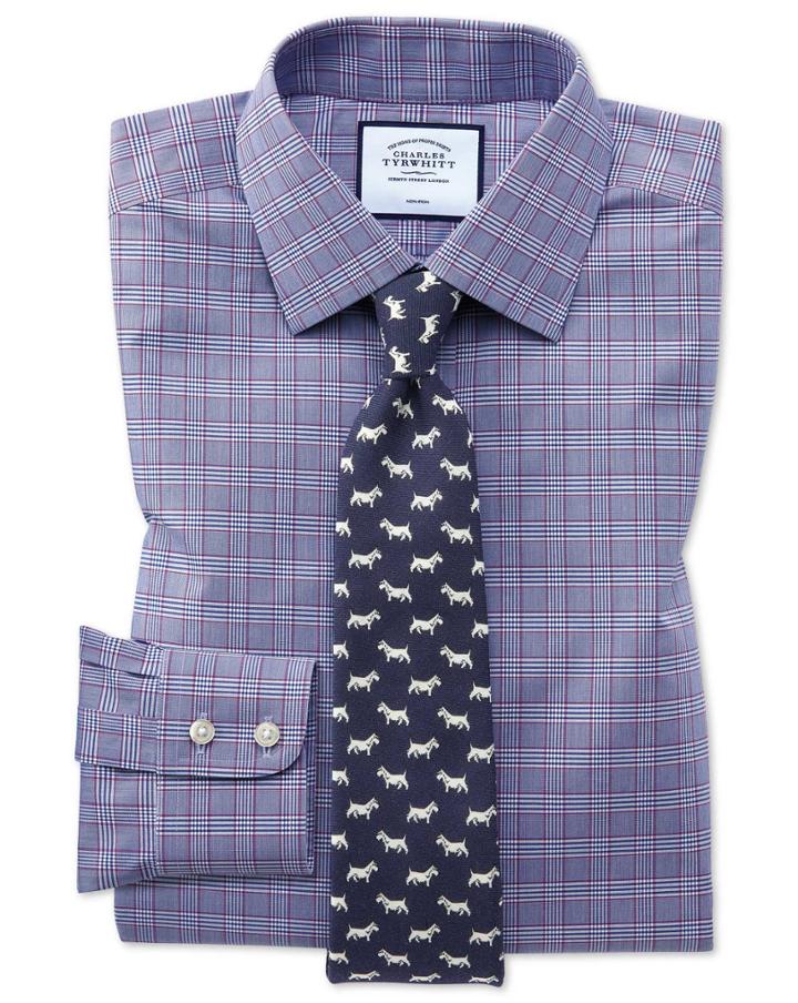  Extra Slim Fit Non-iron Berry And Navy Prince Of Wales Check Cotton Dress Shirt French Cuff Size 14.5/33 By Charles Tyrwhitt