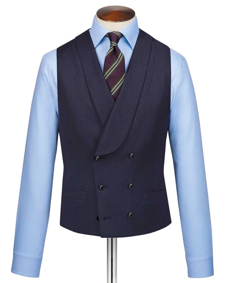  Navy Adjustable Fit Twill Italian Luxury Suit Wool Waistcoat Size W42 By Charles Tyrwhitt