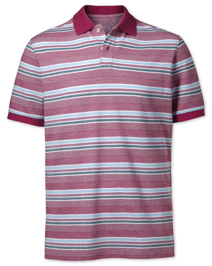 Berry Textured Striped Cotton Polo Size Large By Charles Tyrwhitt