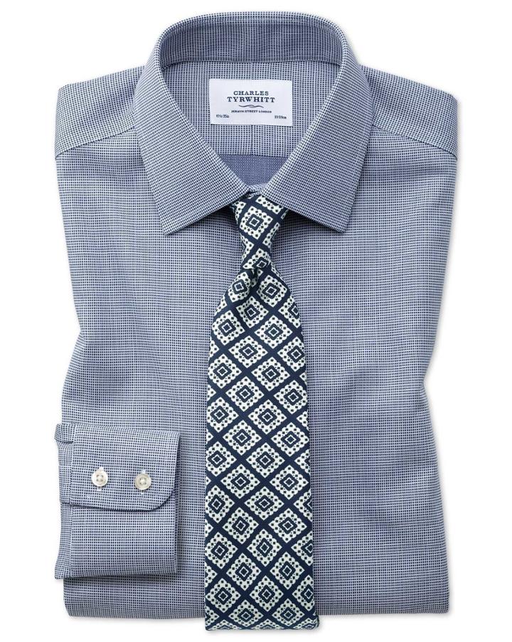  Classic Fit Non-iron Square Weave Navy Blue Cotton Dress Shirt French Cuff Size 15.5/33 By Charles Tyrwhitt