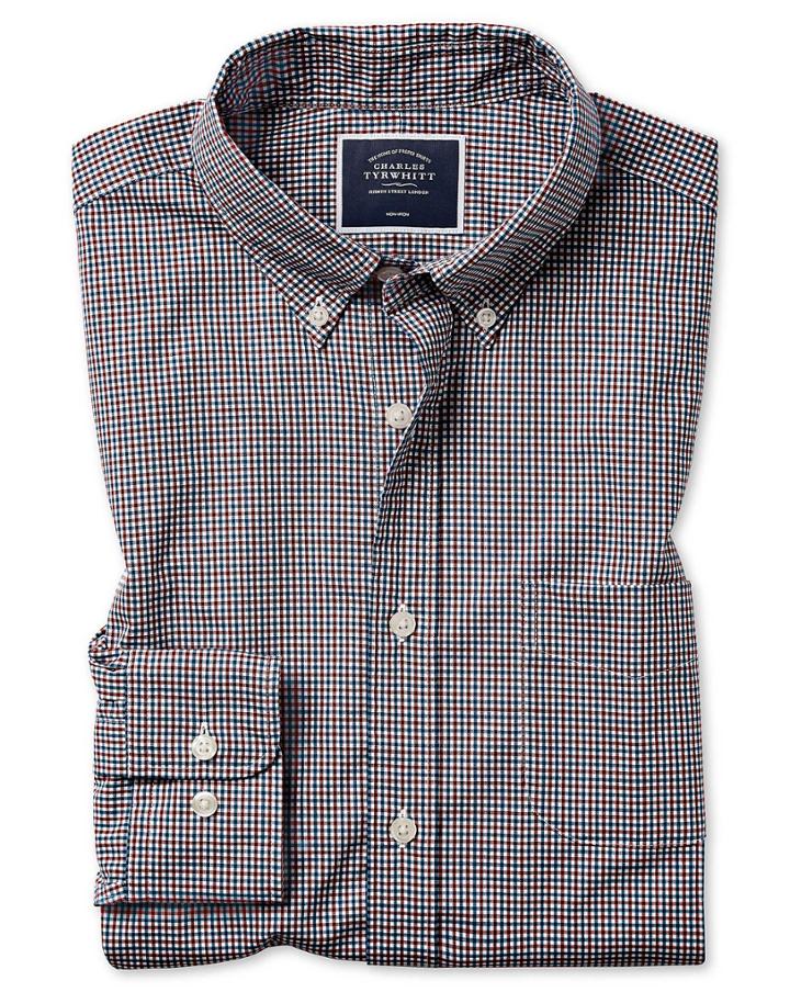  Classic Fit Red Check Soft Washed Non-iron Stretch Poplin Cotton Casual Shirt Single Cuff Size Large By Charles Tyrwhitt