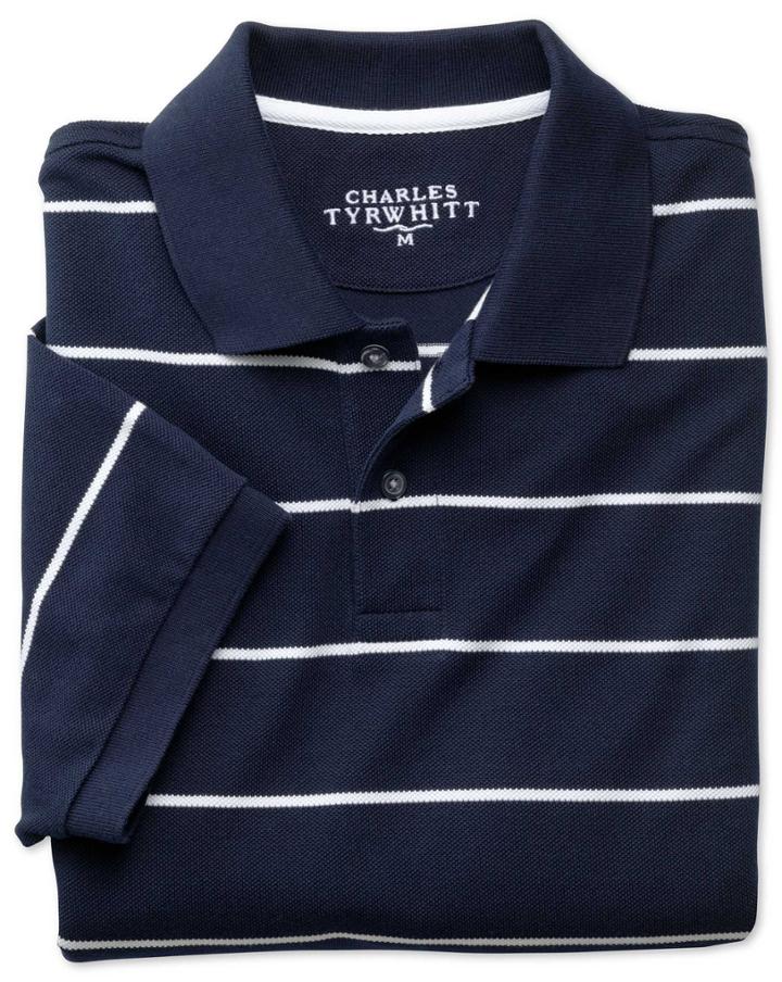 Charles Tyrwhitt Navy And White Stripe Pique Cotton Polo Size Medium By Charles Tyrwhitt