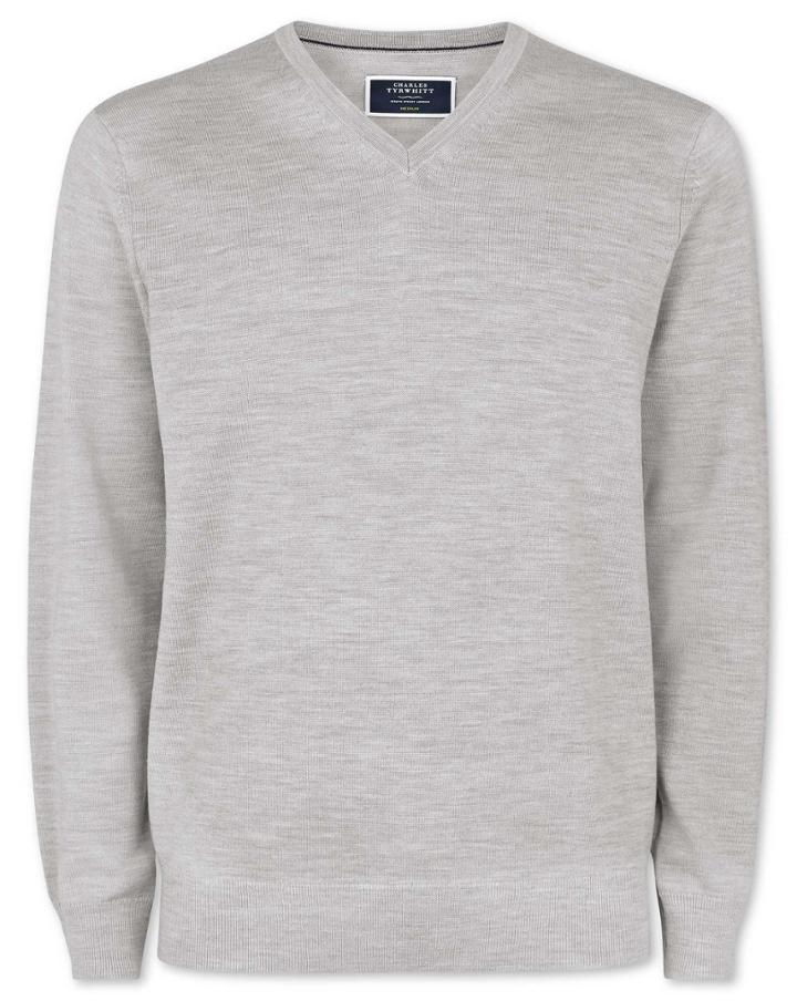  Silver Merino V Neck 100percent Merino Wool Sweater Size Large By Charles Tyrwhitt