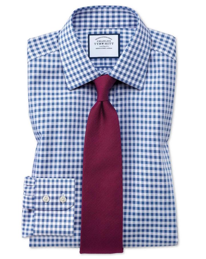 Charles Tyrwhitt Slim Fit Non-iron Gingham Mid Blue Cotton Dress Shirt Single Cuff Size 14.5/33 By Charles Tyrwhitt