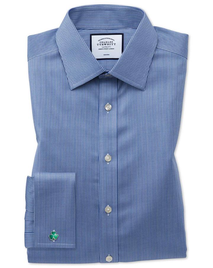  Slim Fit Non-iron Royal Blue Puppytooth Cotton Dress Shirt Single Cuff Size 14.5/32 By Charles Tyrwhitt