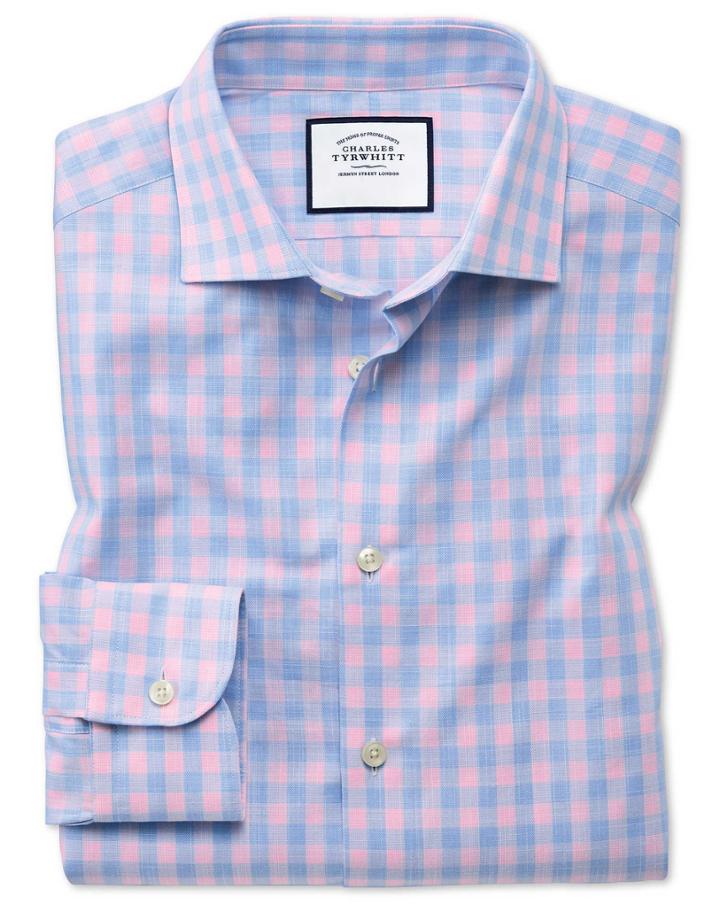  Slim Fit Business Casual Egyptian Cotton Slub Sky Blue Check And Pink Dress Shirt Single Cuff Size 15/34 By Charles Tyrwhitt