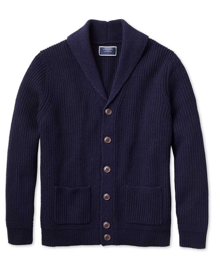 Navy Shawl Collar Lambswool Cardigan Size Large By Charles Tyrwhitt