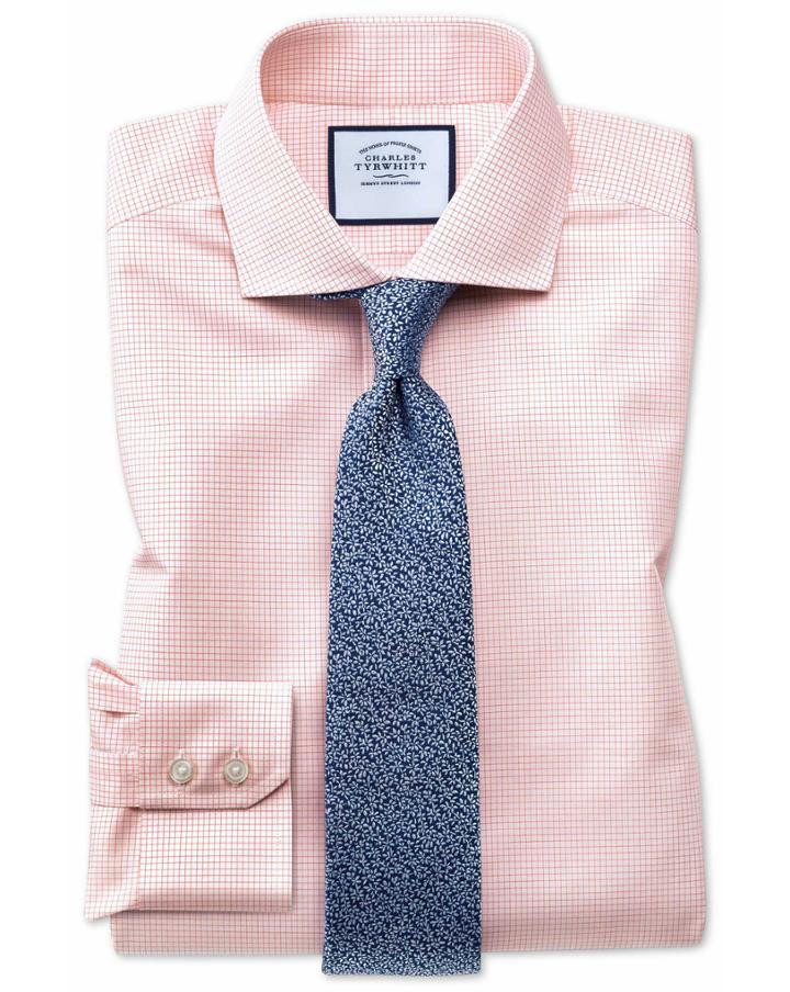 Slim Fit Spread Collar Non-iron Natural Cool Micro Check Orange Cotton Dress Shirt Single Cuff Size 16.5/34 By Charles Tyrwhitt