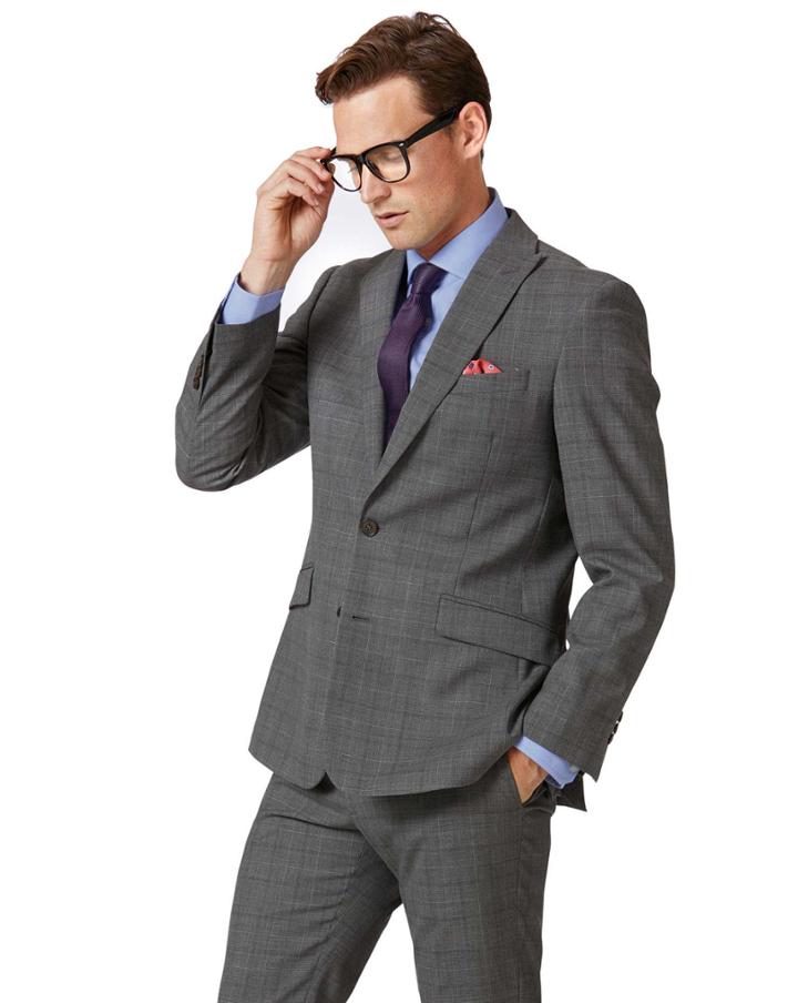  Light Grey Check Slim Fit Twist Business Suit Wool Jacket Size 36 By Charles Tyrwhitt