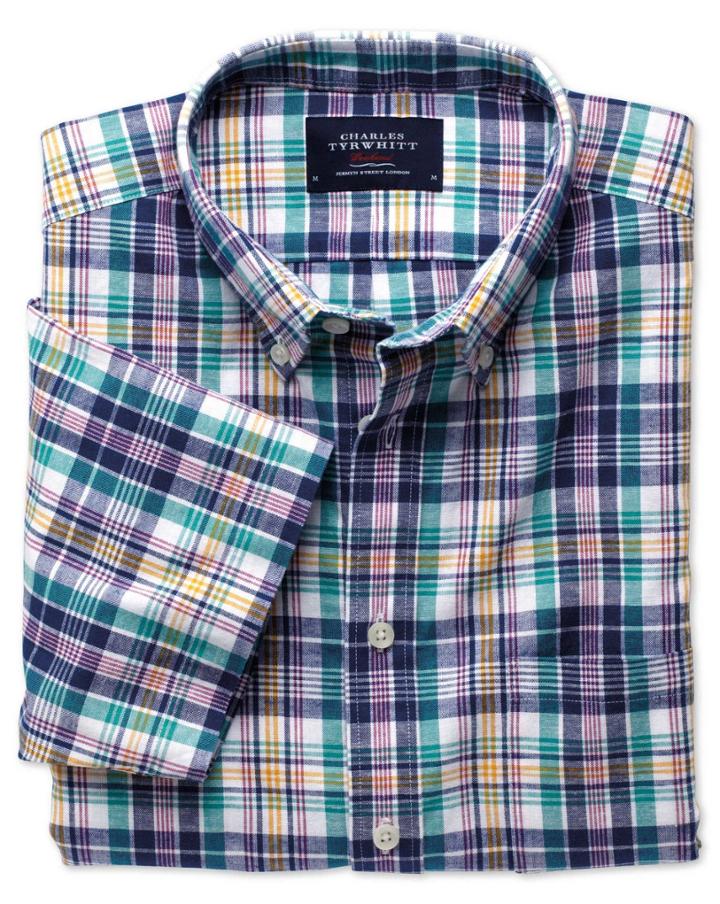 Charles Tyrwhitt Charles Tyrwhitt Slim Fit Blue And Green Check Short Sleeve Cotton Linen Cotton/linen Dress Shirt Size Medium