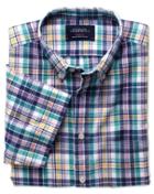 Charles Tyrwhitt Charles Tyrwhitt Slim Fit Blue And Green Check Short Sleeve Cotton Linen Cotton/linen Dress Shirt Size Medium