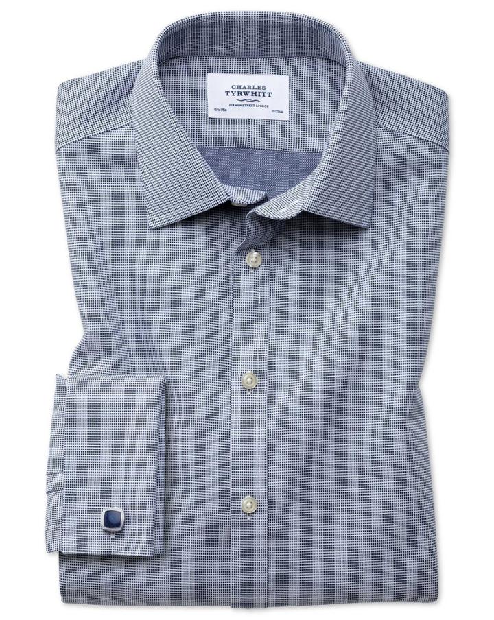 Charles Tyrwhitt Extra Slim Fit Non-iron Square Weave Navy Blue Cotton Dress Shirt French Cuff Size 14.5/32 By Charles Tyrwhitt
