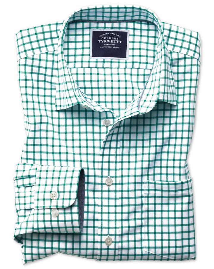 Charles Tyrwhitt Slim Fit Non-iron Oxford White And Green Grid Check Cotton Casual Shirt Single Cuff Size Medium By Charles Tyrwhitt