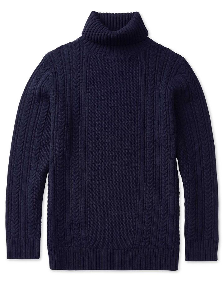  Navy Chunky Cable Knit Lambswool Roll Neck Jumper Size Large By Charles Tyrwhitt
