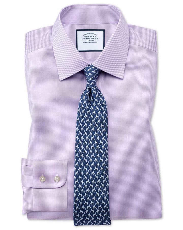  Classic Fit Non-iron Lilac Puppytooth Cotton Dress Shirt Single Cuff Size 15/35 By Charles Tyrwhitt