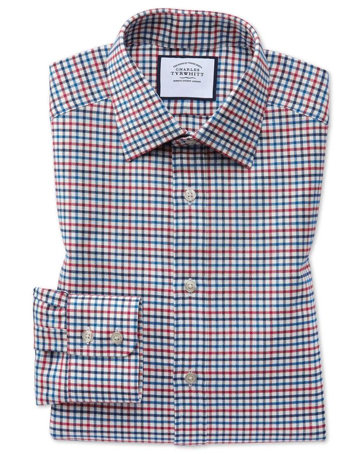  Classic Fit Red And Blue Country Check Cotton Dress Shirt Single Cuff Size 15.5/34 By Charles Tyrwhitt