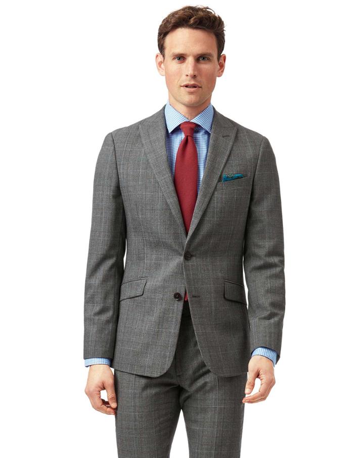  Grey With Tan Prince Of Wales Check Extra Slim Fit Suit Wool Jacket Size 34 By Charles Tyrwhitt