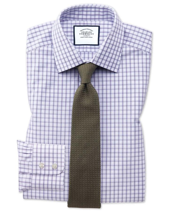  Slim Fit Purple Windowpane Check Cotton Dress Shirt Single Cuff Size 15.5/35 By Charles Tyrwhitt