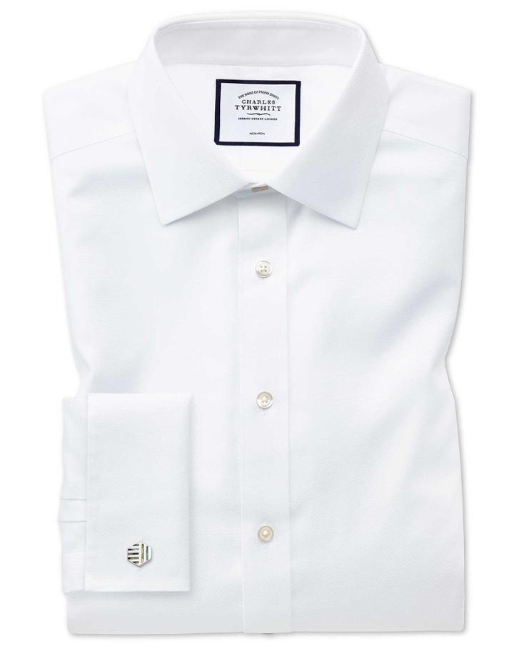 Slim Fit Non-iron White Triangle Weave Cotton Dress Shirt Single Cuff Size 14.5/32 By Charles Tyrwhitt
