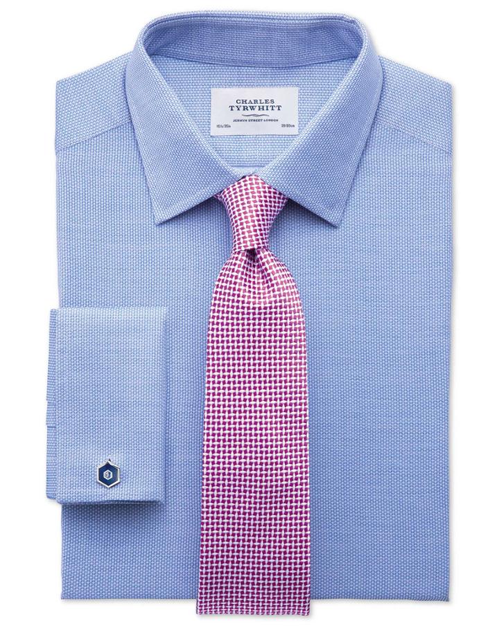  Extra Slim Fit Egyptian Cotton Diamond Texture Mid Blue Dress Shirt French Cuff Size 15.5/32 By Charles Tyrwhitt