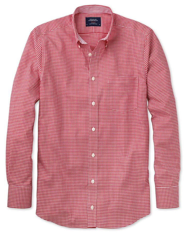 Charles Tyrwhitt Charles Tyrwhitt Classic Fit Non-iron Oxford Gingham Red Cotton Dress Shirt Size Large