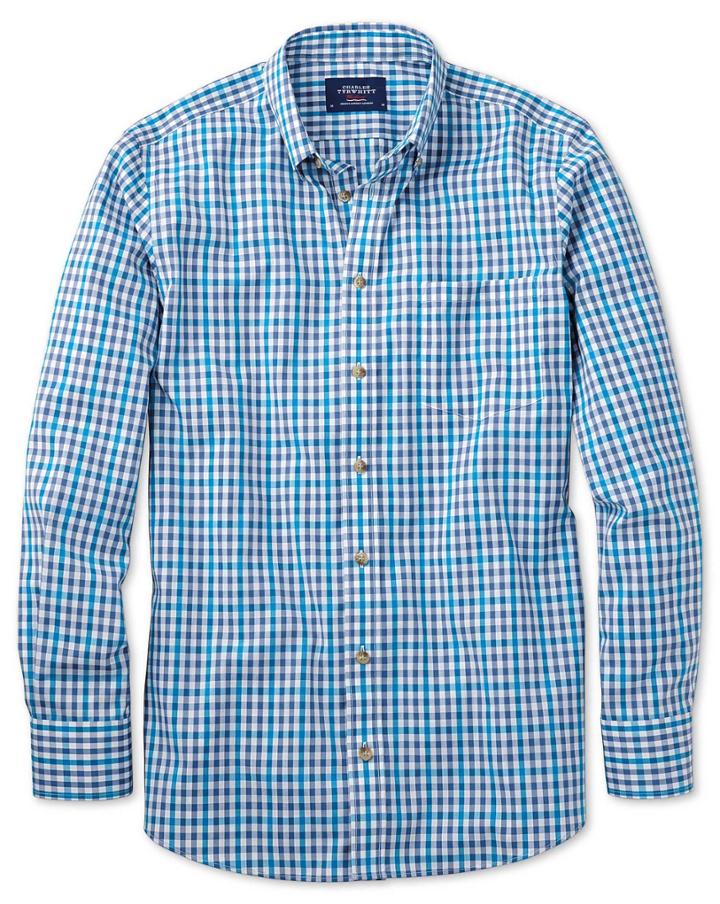 Charles Tyrwhitt Charles Tyrwhitt Slim Fit Non-iron Poplin Turquoise Check Cotton Dress Shirt Size Xs